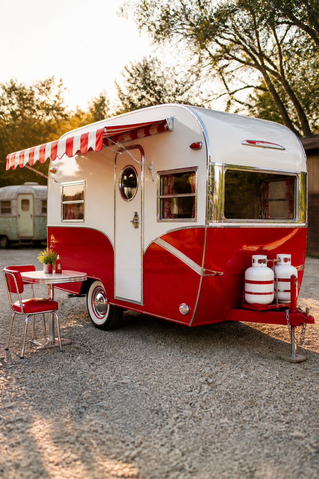 A renovated red-and-white vintage camper parked outdoors with a striped awning and polished chrome details.