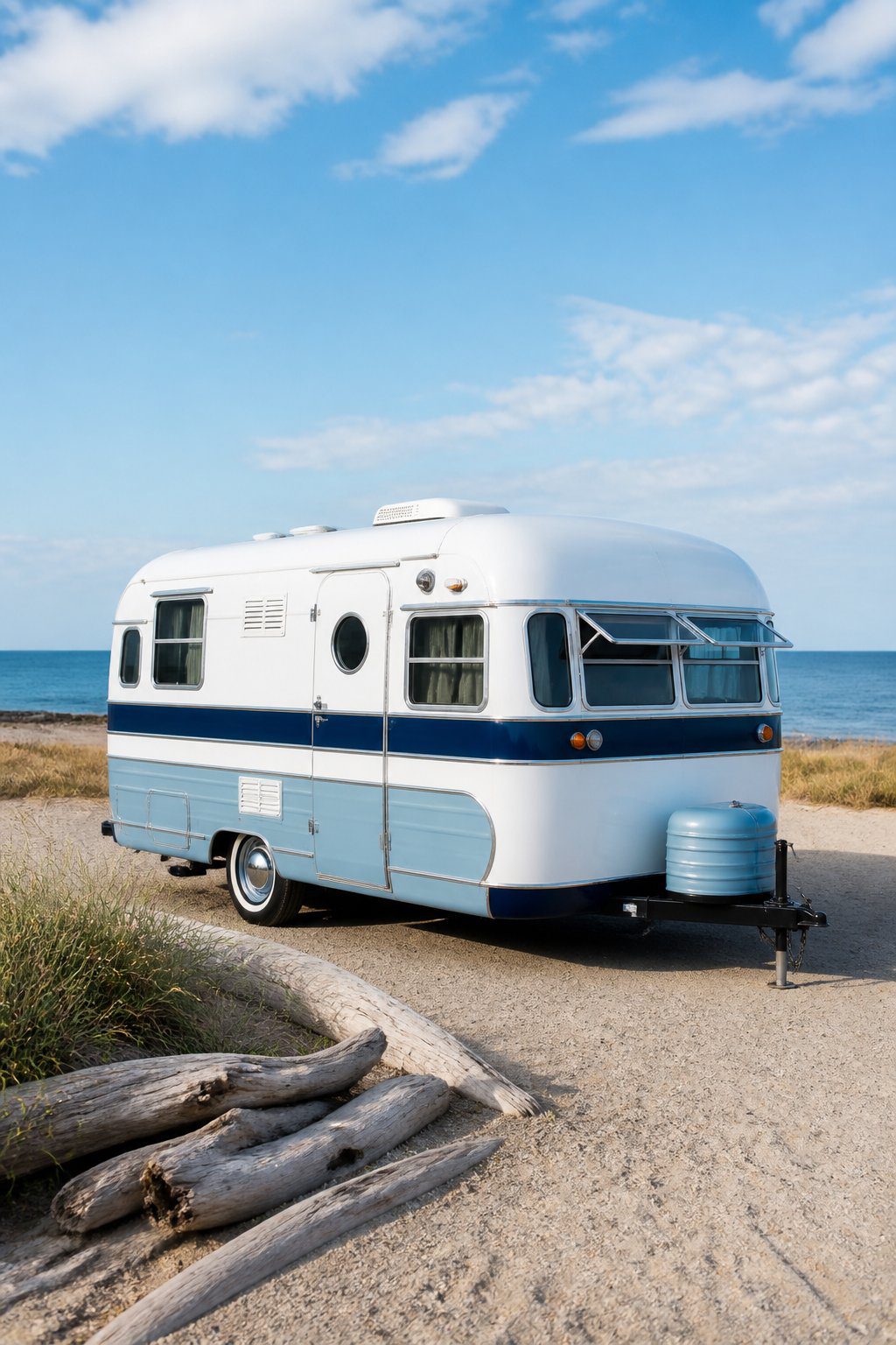 A renovated blue and white vintage camper parked beside a sandy coastal landscape.