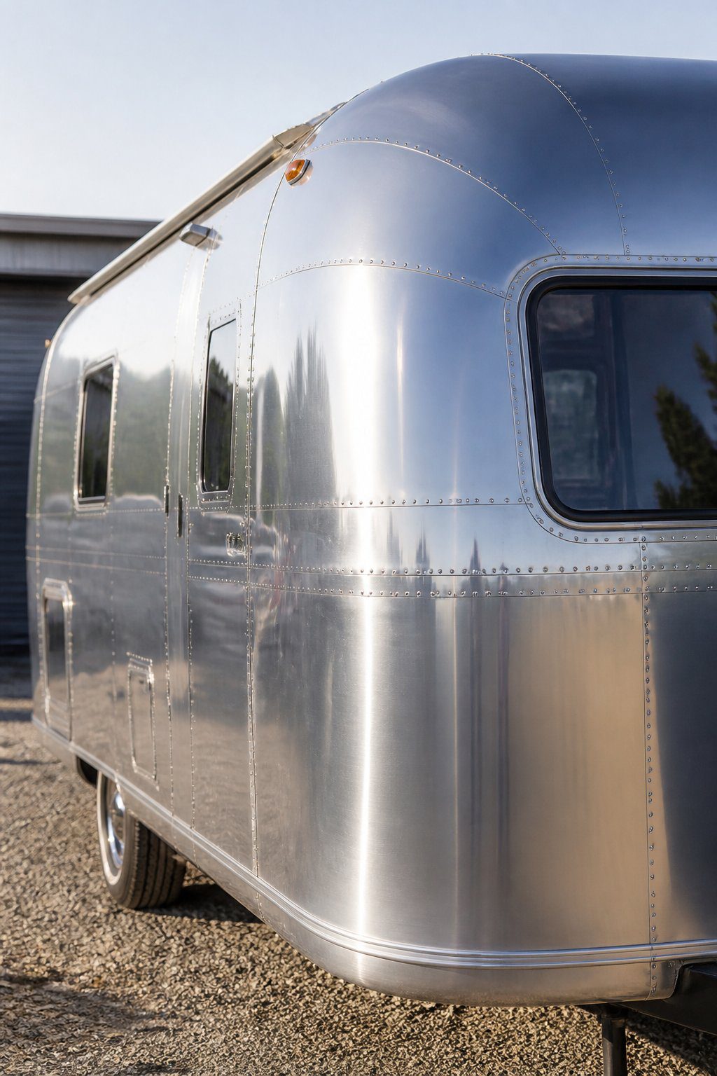 A restored vintage aluminum camper with polished rivets and gleaming metal panels.