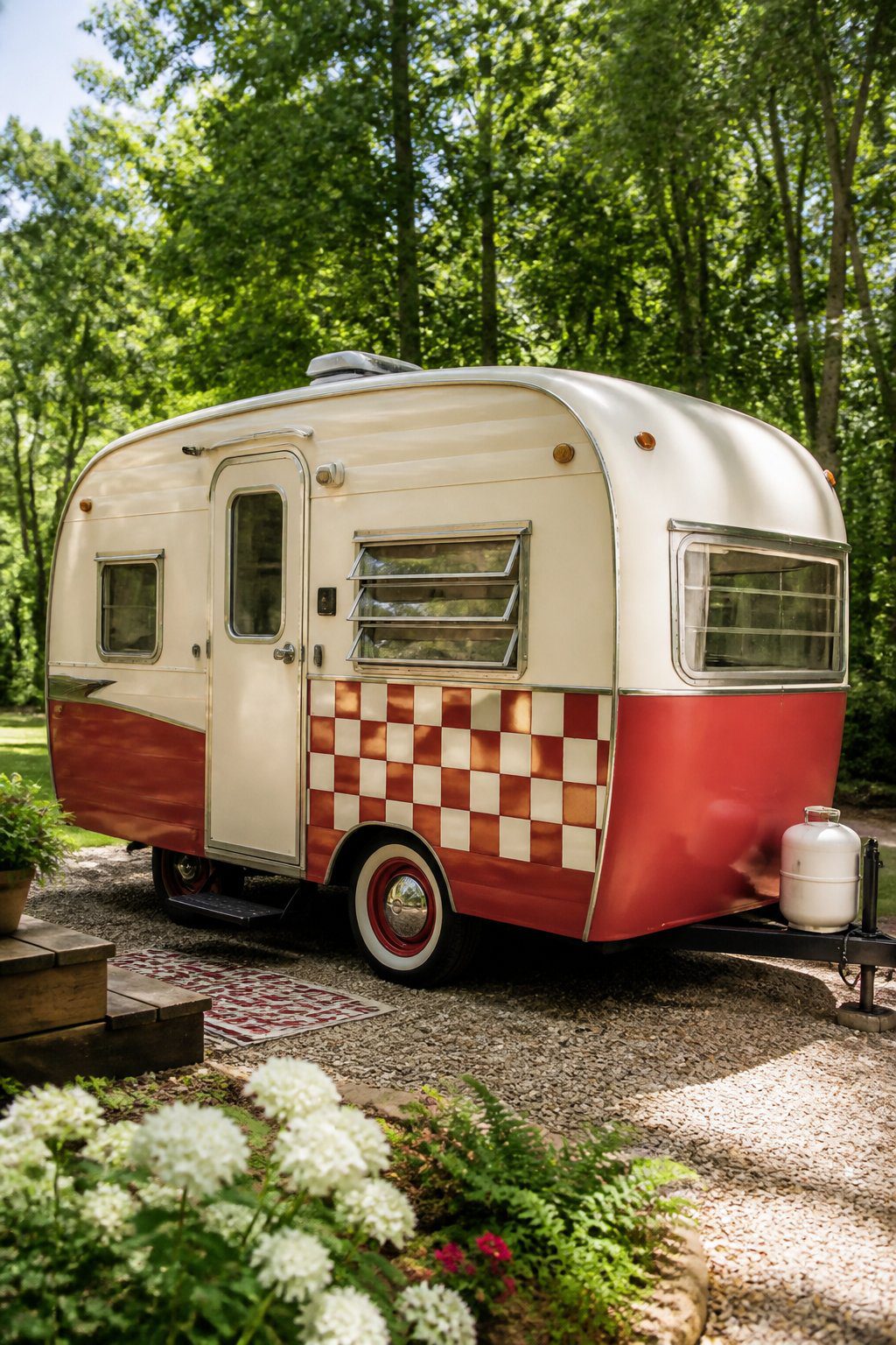 A restored vintage camper with a red and cream checkerboard accent panel parked outdoors.