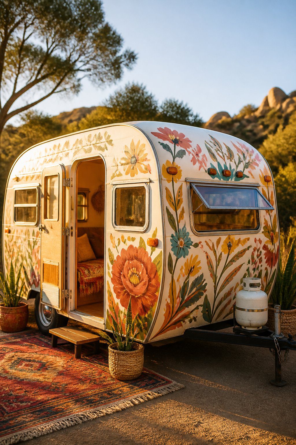 A vintage camper with colorful hand-painted flowers and leafy vines parked outdoors in warm sunlight.