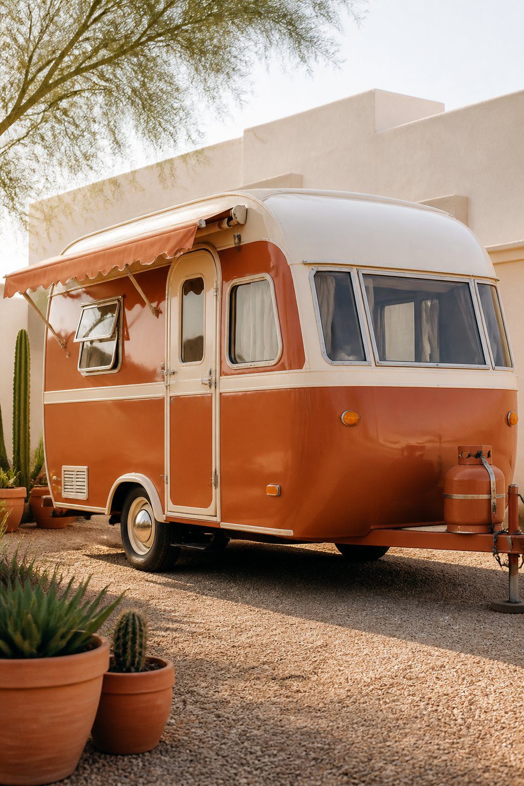 A renovated vintage camper with a warm terracotta exterior and cream trim parked in a landscaped outdoor setting.