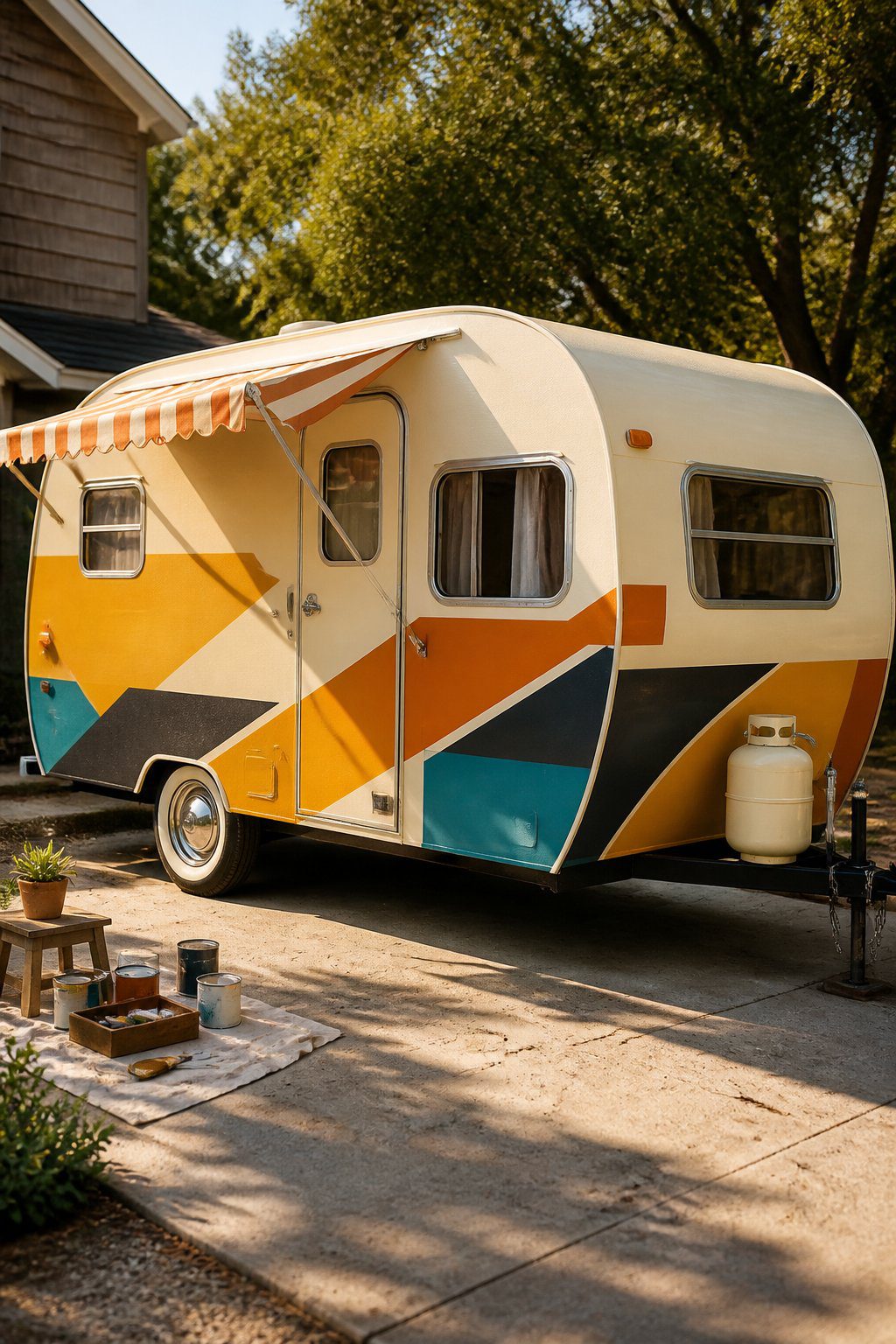 A brightly restored vintage camper with colorful geometric exterior panels parked outdoors.