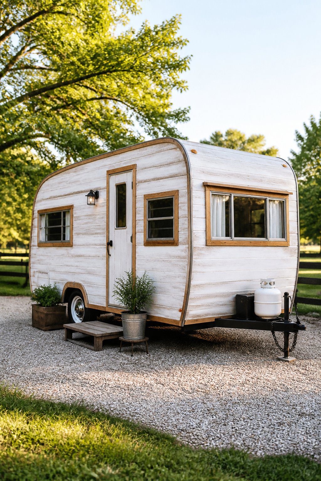 A restored white vintage camper with wood trim parked beside a rural garden.