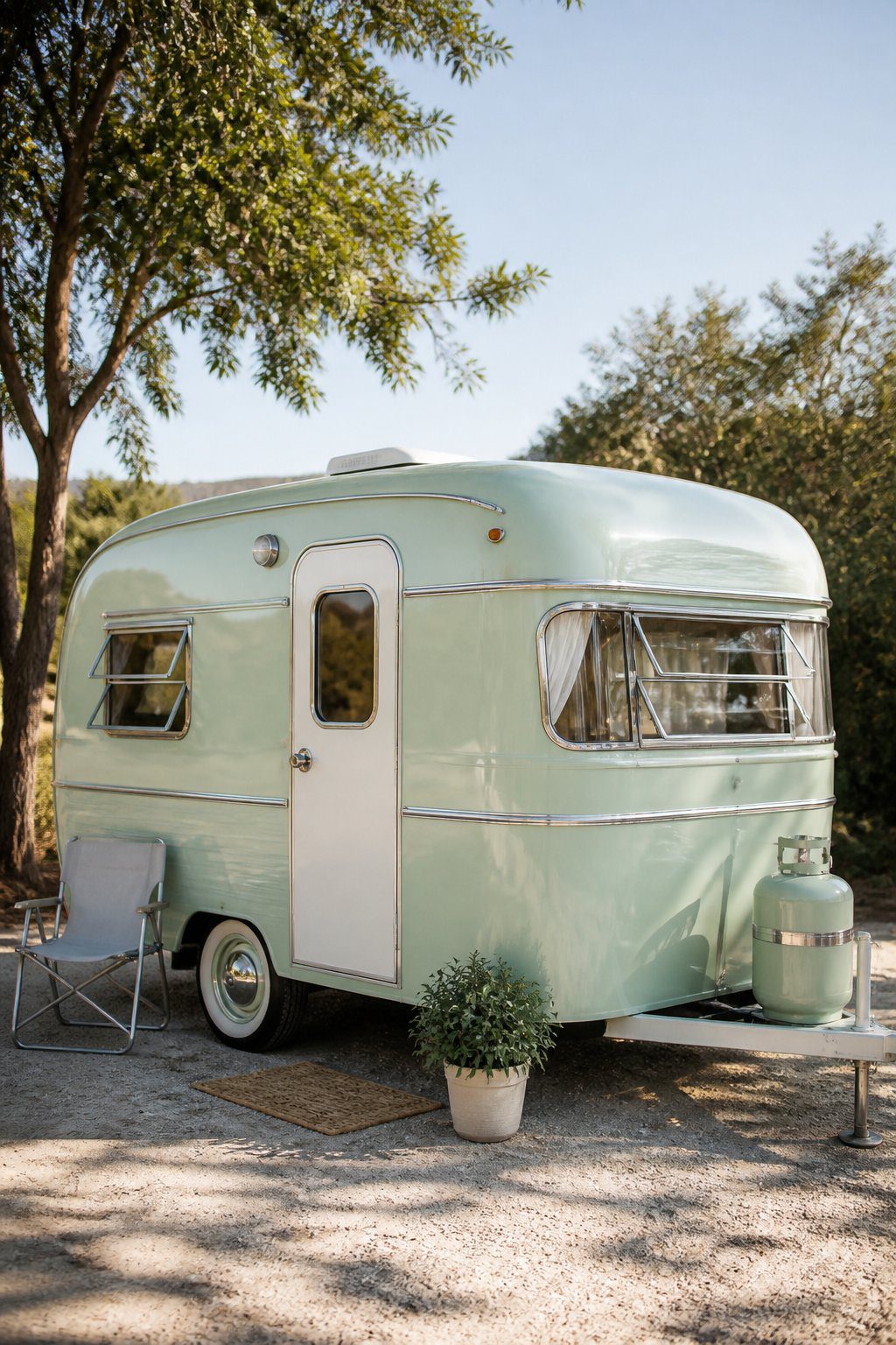 A pastel mint green vintage camper with white trim parked outdoors beside a small plant and folding chair.