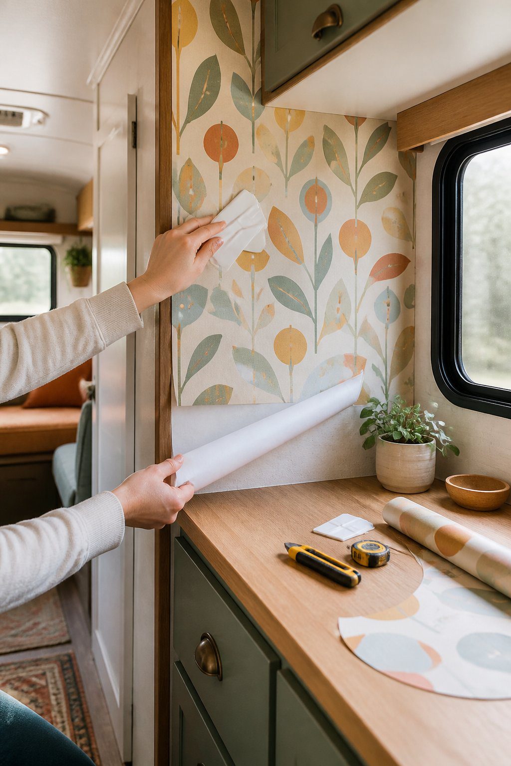Hands apply patterned peel-and-stick wallpaper to a wall inside a camper.