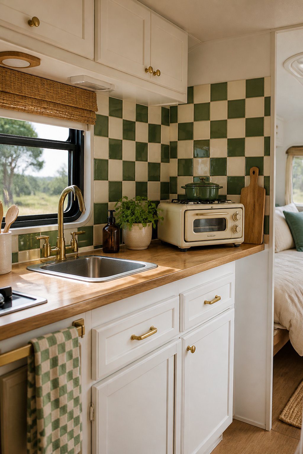 A compact camper kitchen with a cream and green checkerboard backsplash behind the countertop.