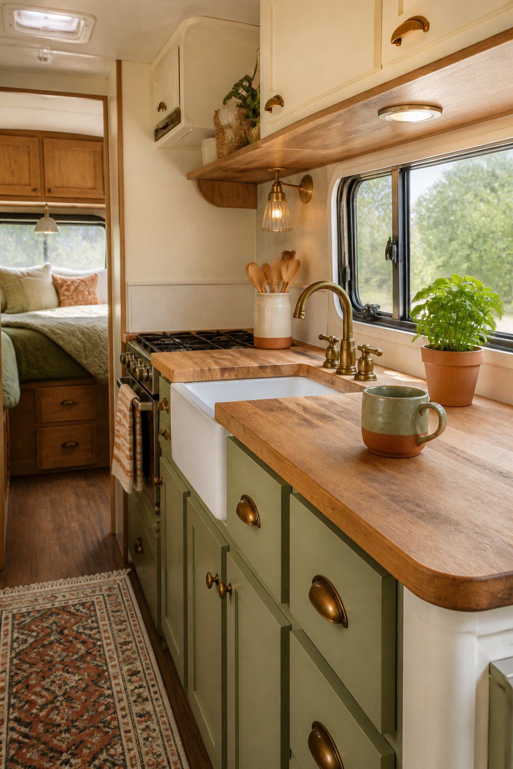 A cozy camper kitchenette with warm wood butcher-block countertops and vintage-inspired decor.