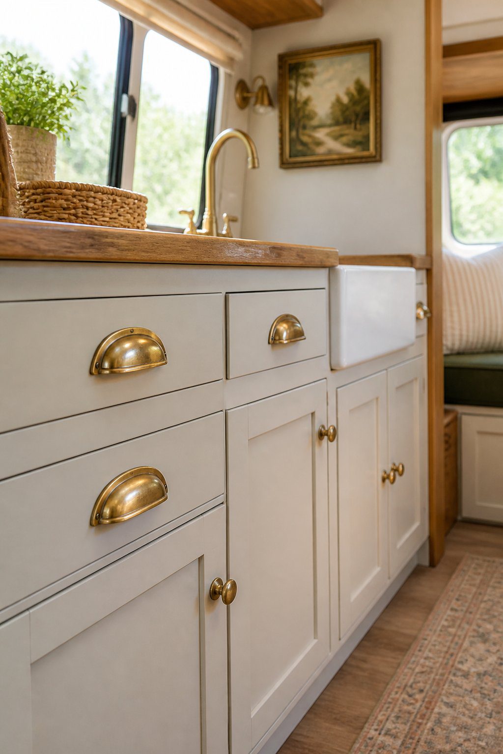 Brass cabinet pulls on light-colored cabinets in a renovated camper kitchen.