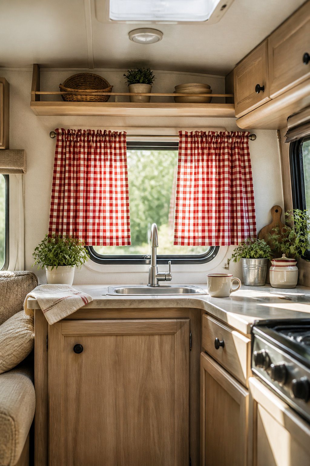 Gingham café curtains hang over a window in a cozy camper kitchenette.