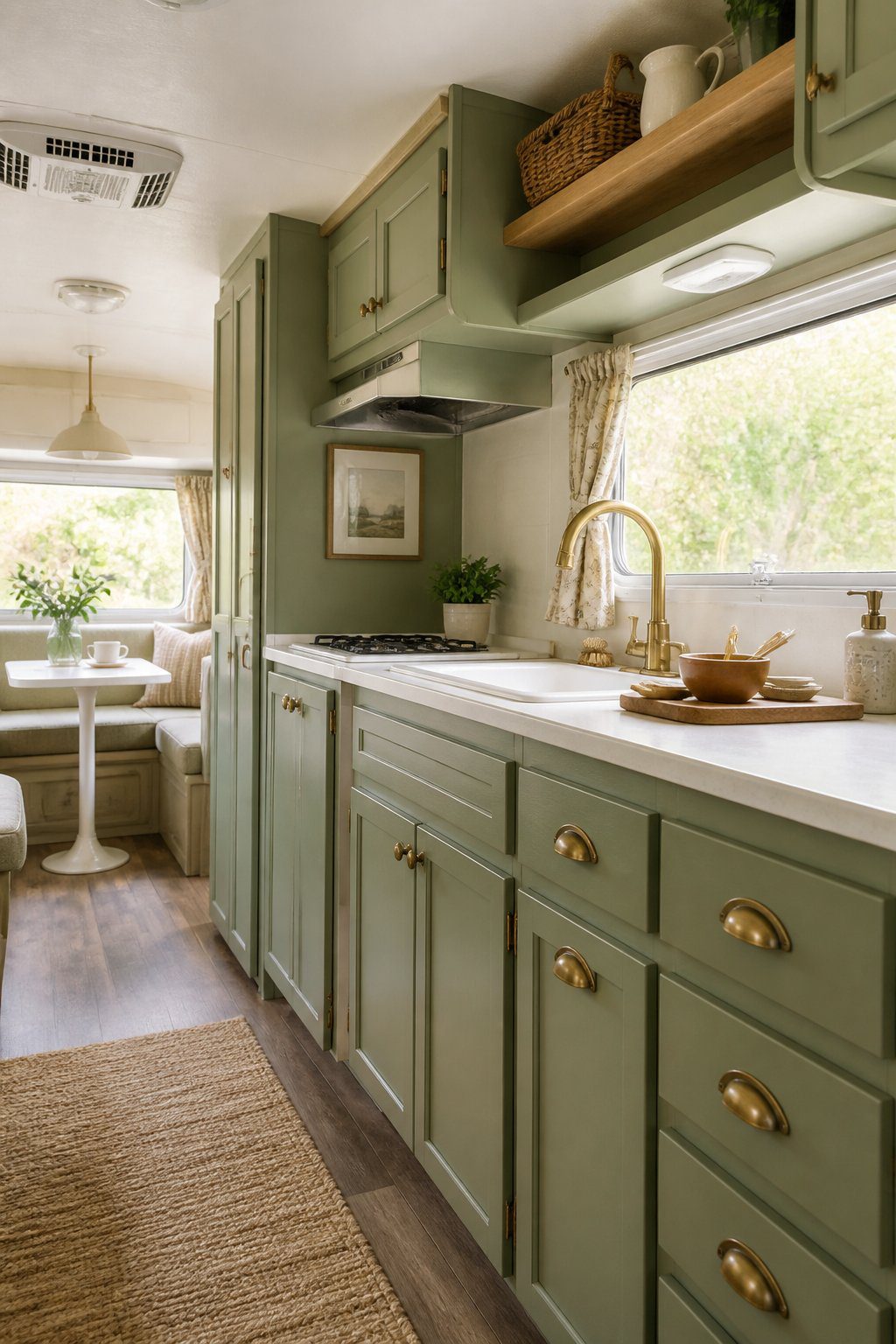 Camper kitchen with muted sage green cabinets, brass hardware, and warm vintage-inspired decor.