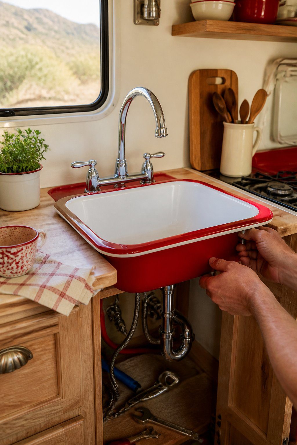 A red-and-white enamel sink being installed in a compact camper kitchenette.
