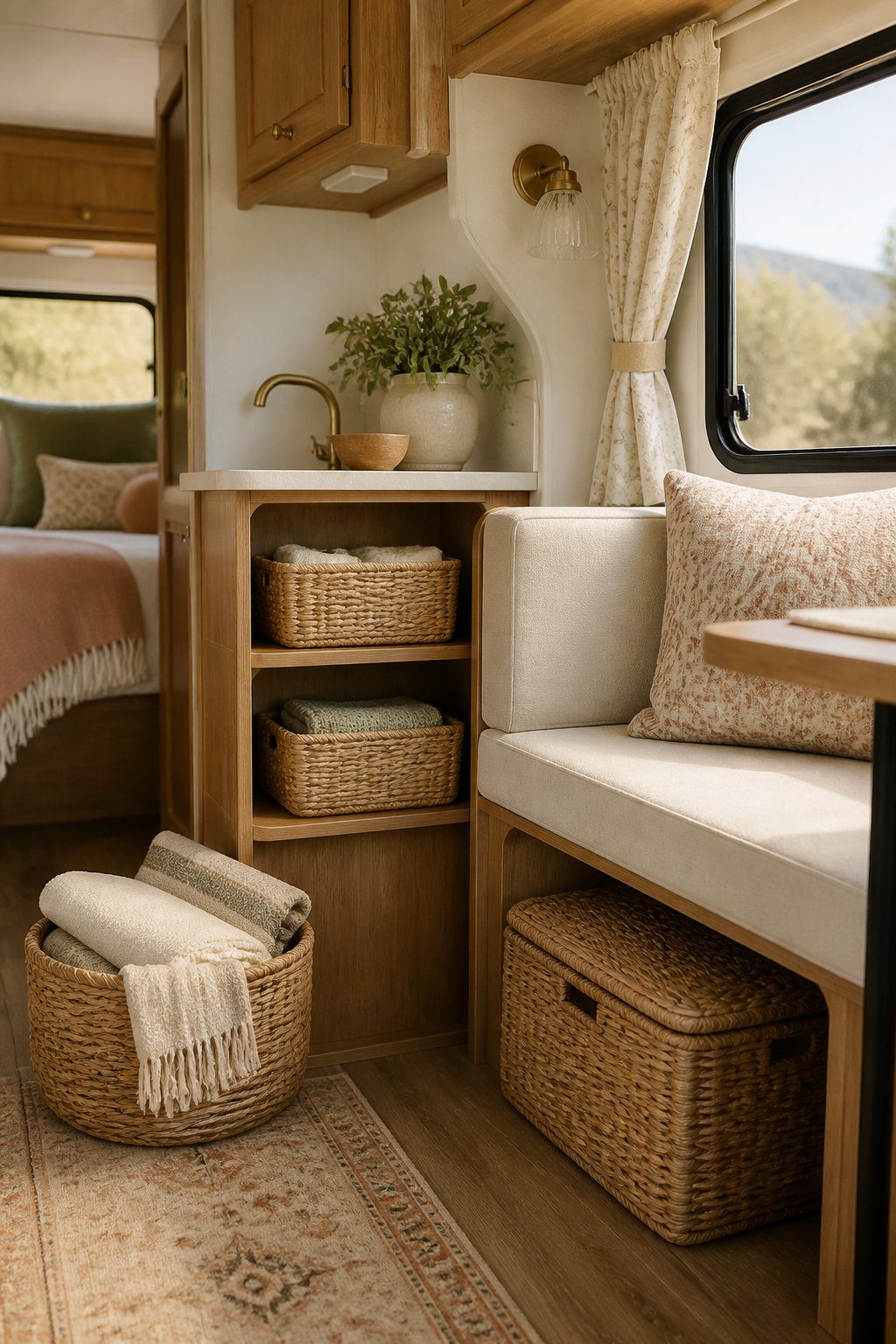 Woven rattan baskets are arranged for storage inside a cozy camper with light wood cabinetry and neutral furnishings.