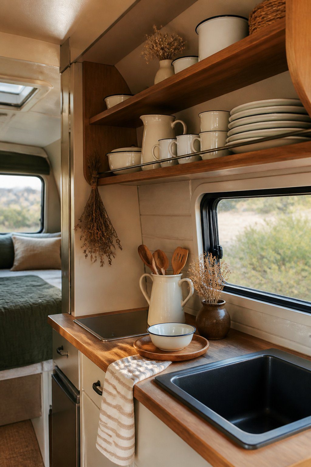 Open wooden shelves in a camper kitchenette hold neatly arranged enamel dishes, mugs, and kitchen items.