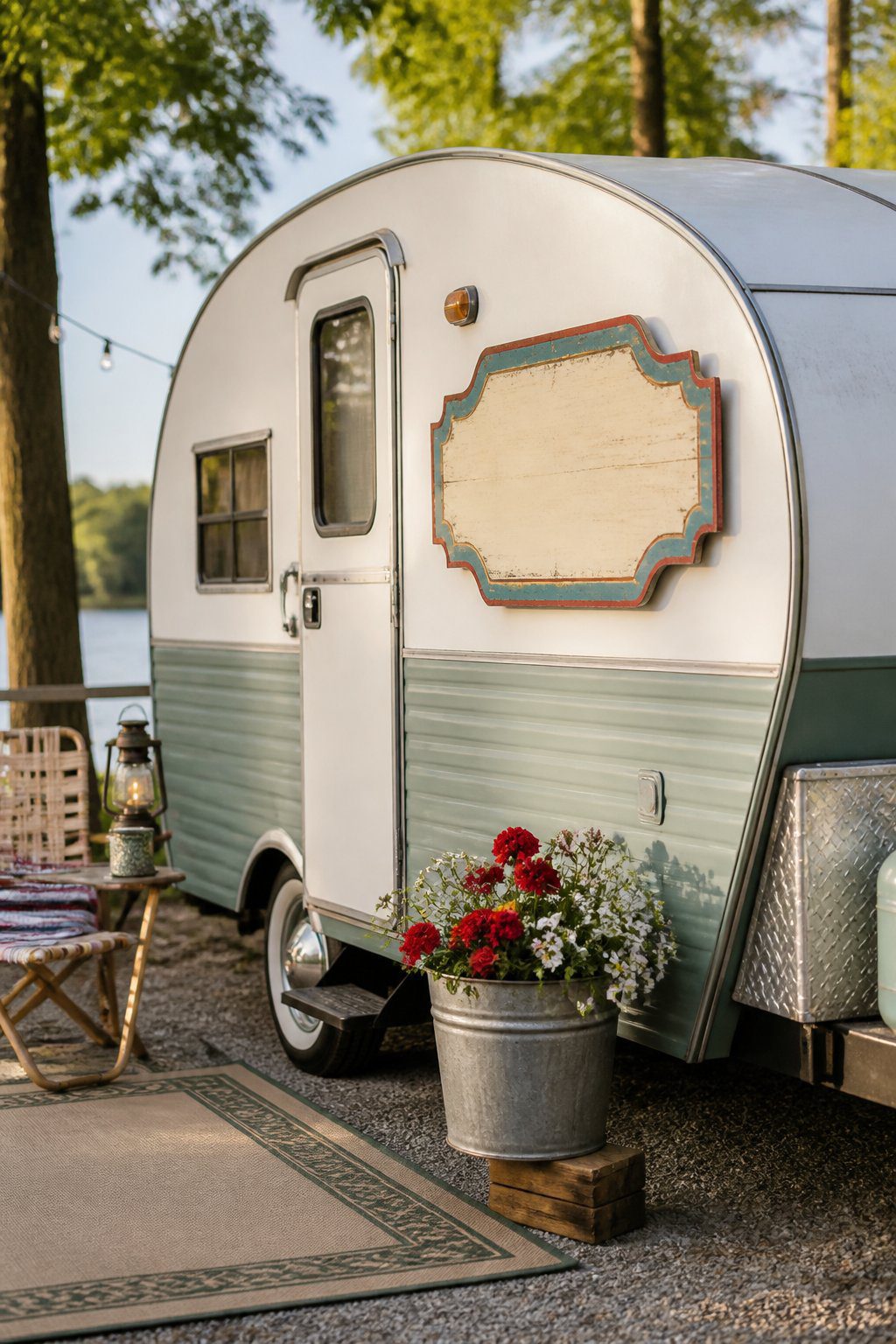 A newer camper with a blank antique-style sign parked at a wooded campsite.