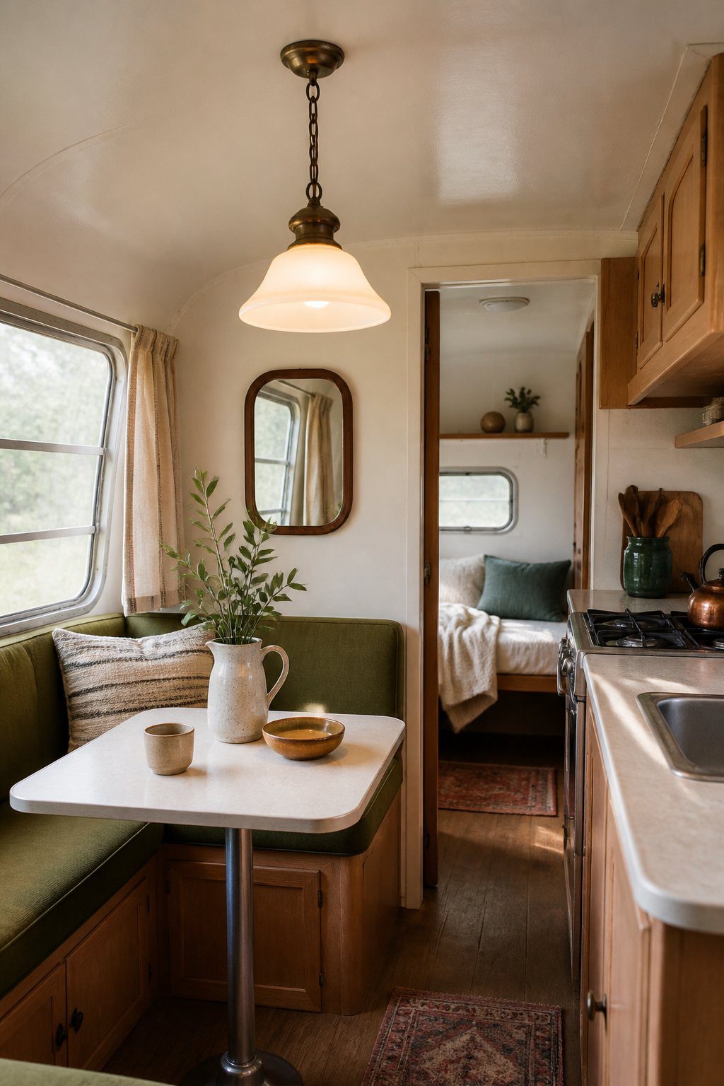 A cozy renovated camper interior with a vintage schoolhouse pendant light above a small dining area.