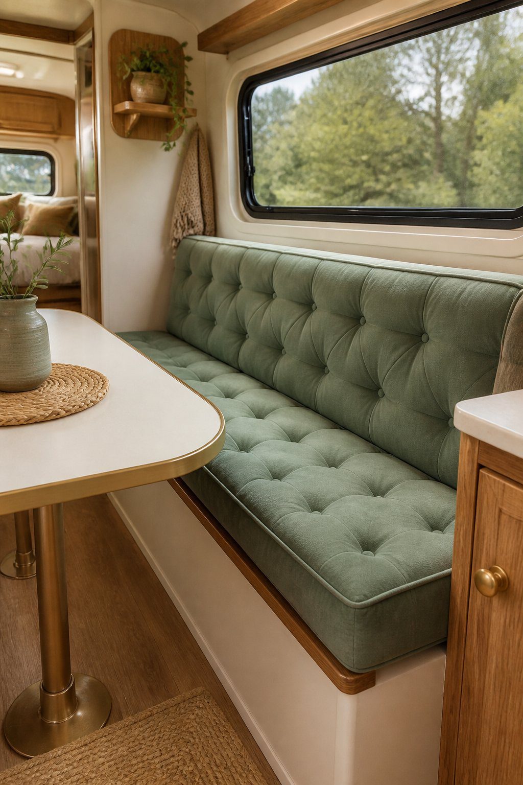 A vintage-inspired camper dinette with a tufted upholstered bench cushion, small table, and warm wood accents.