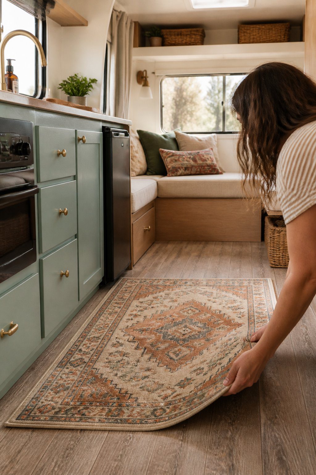 A person places a patterned rug on the floor of a camper interior.