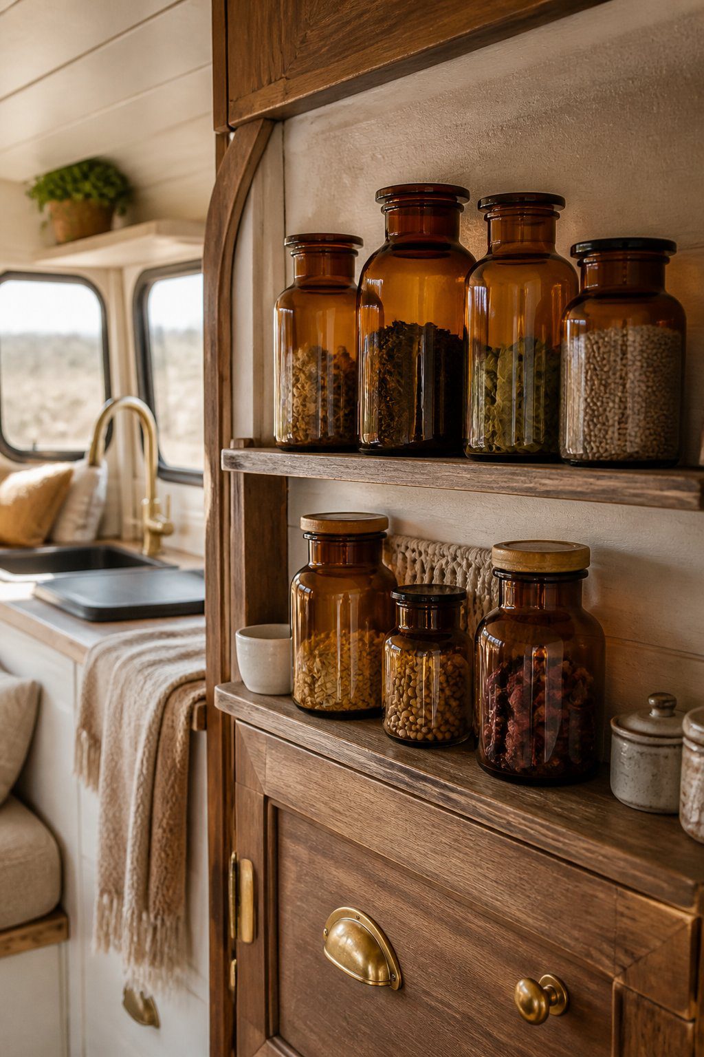 Amber glass jars arranged on an open shelf in a warmly decorated camper kitchenette.