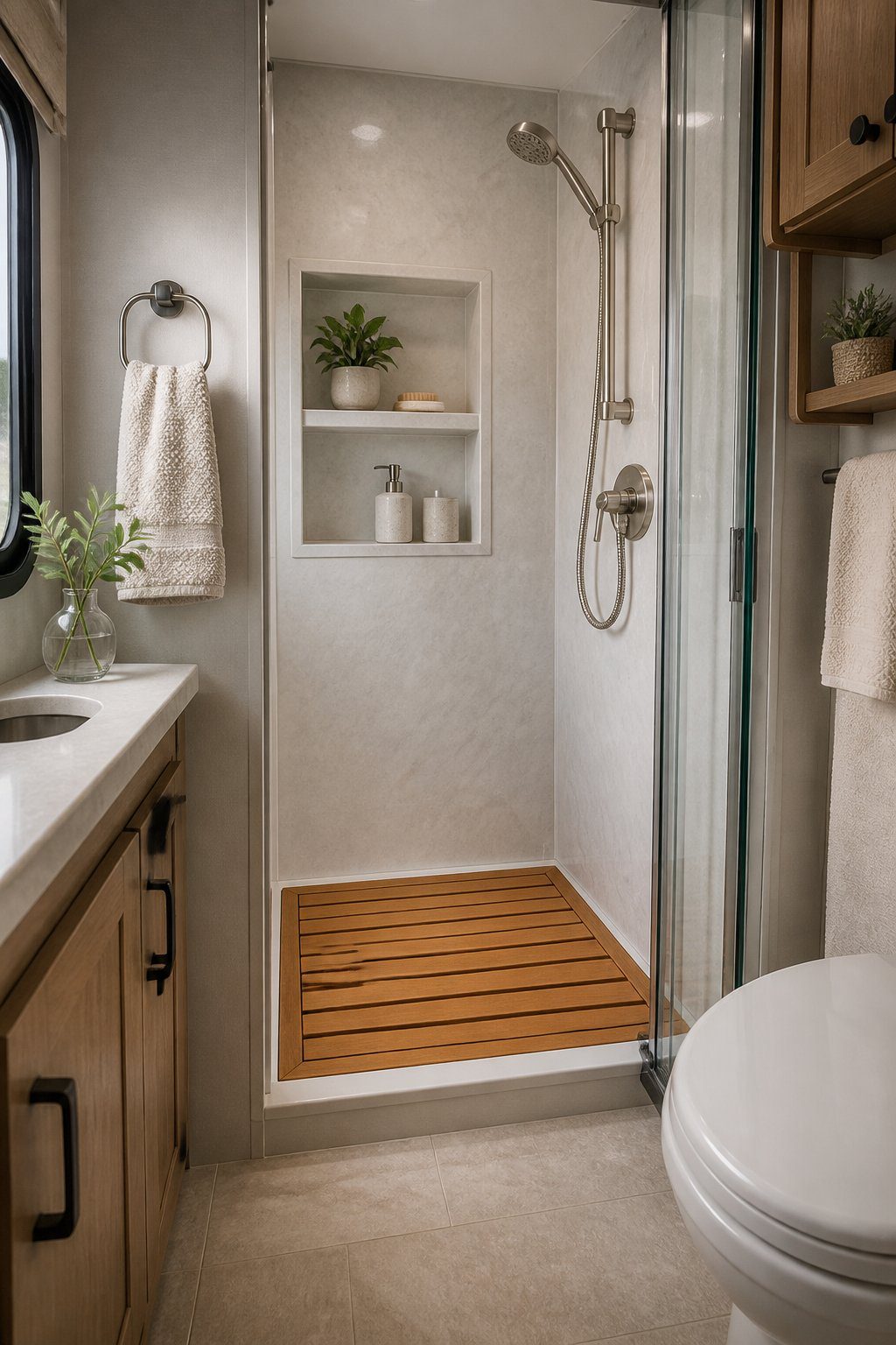 A teak shower mat sits on the floor of a stylish compact RV bathroom.