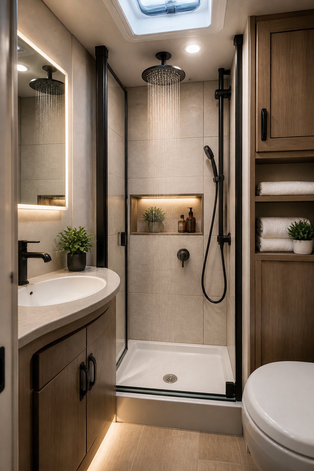 A compact RV bathroom with a modern rainfall showerhead and spa-inspired decor.