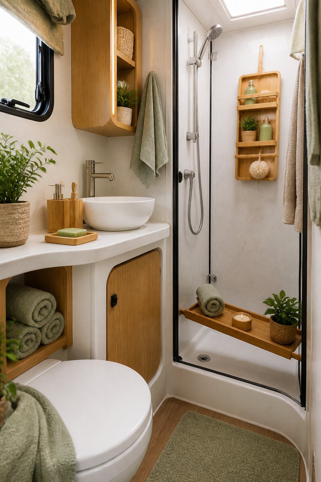 A compact RV bathroom decorated with bamboo accessories, white fixtures, neutral towels, and small green plants.