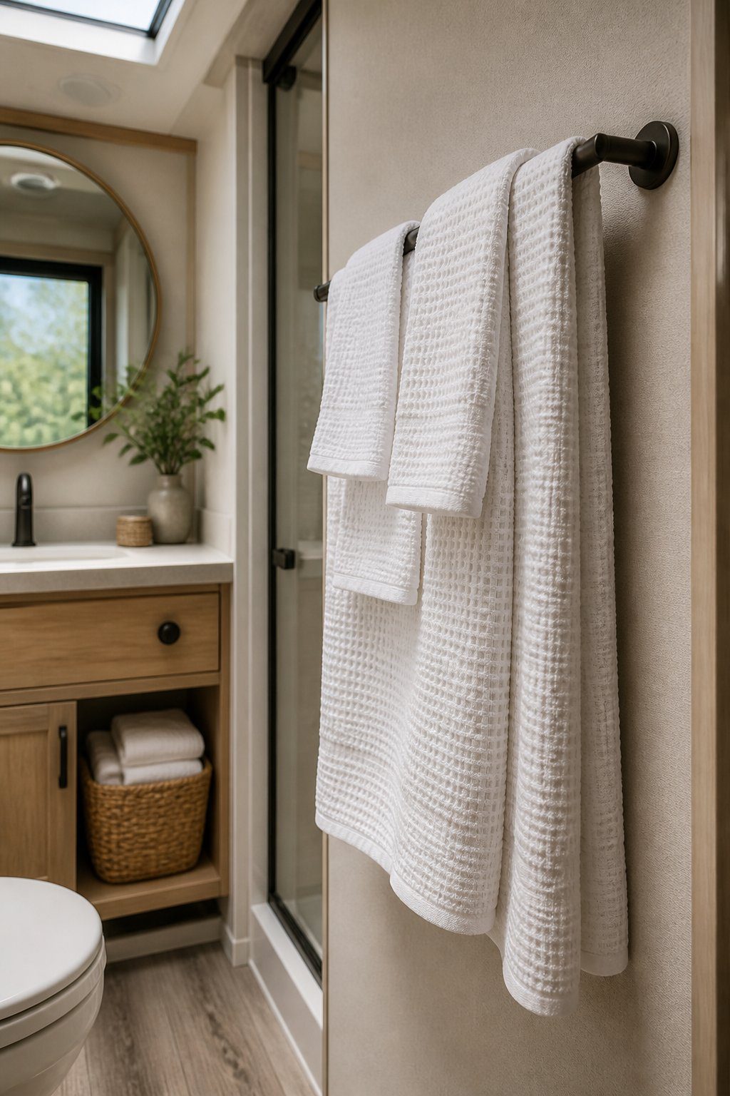 White waffle-weave towels hang neatly in a compact RV bathroom.