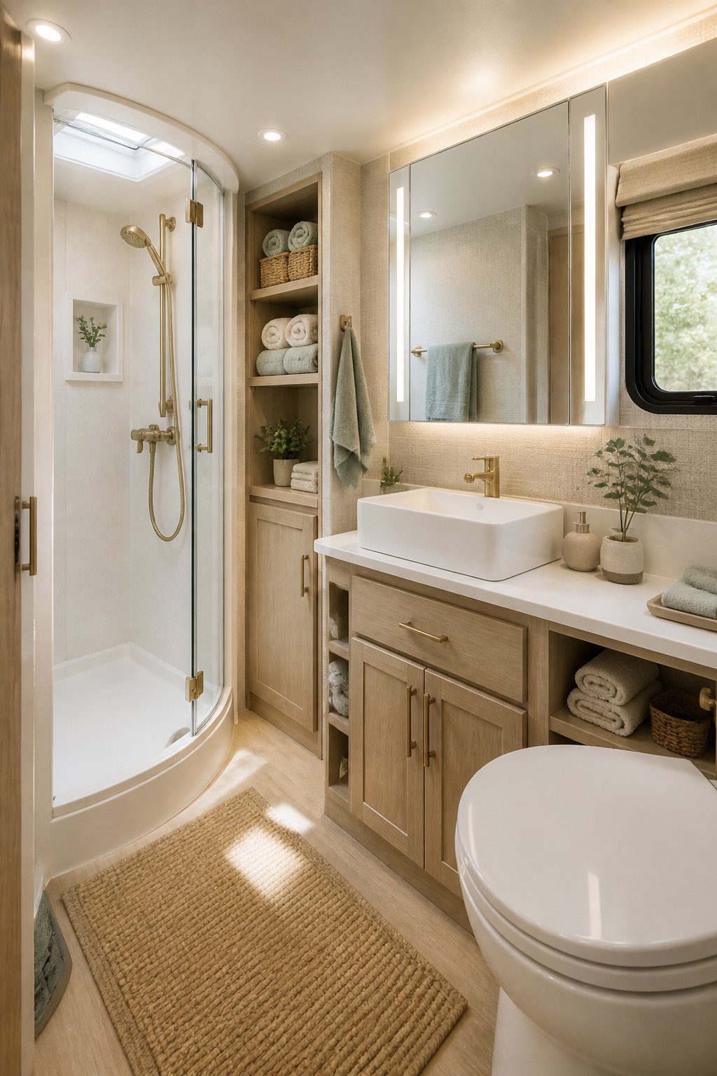A compact RV bathroom with soft green and neutral colors, wood cabinetry, a small sink, and a glass shower.
