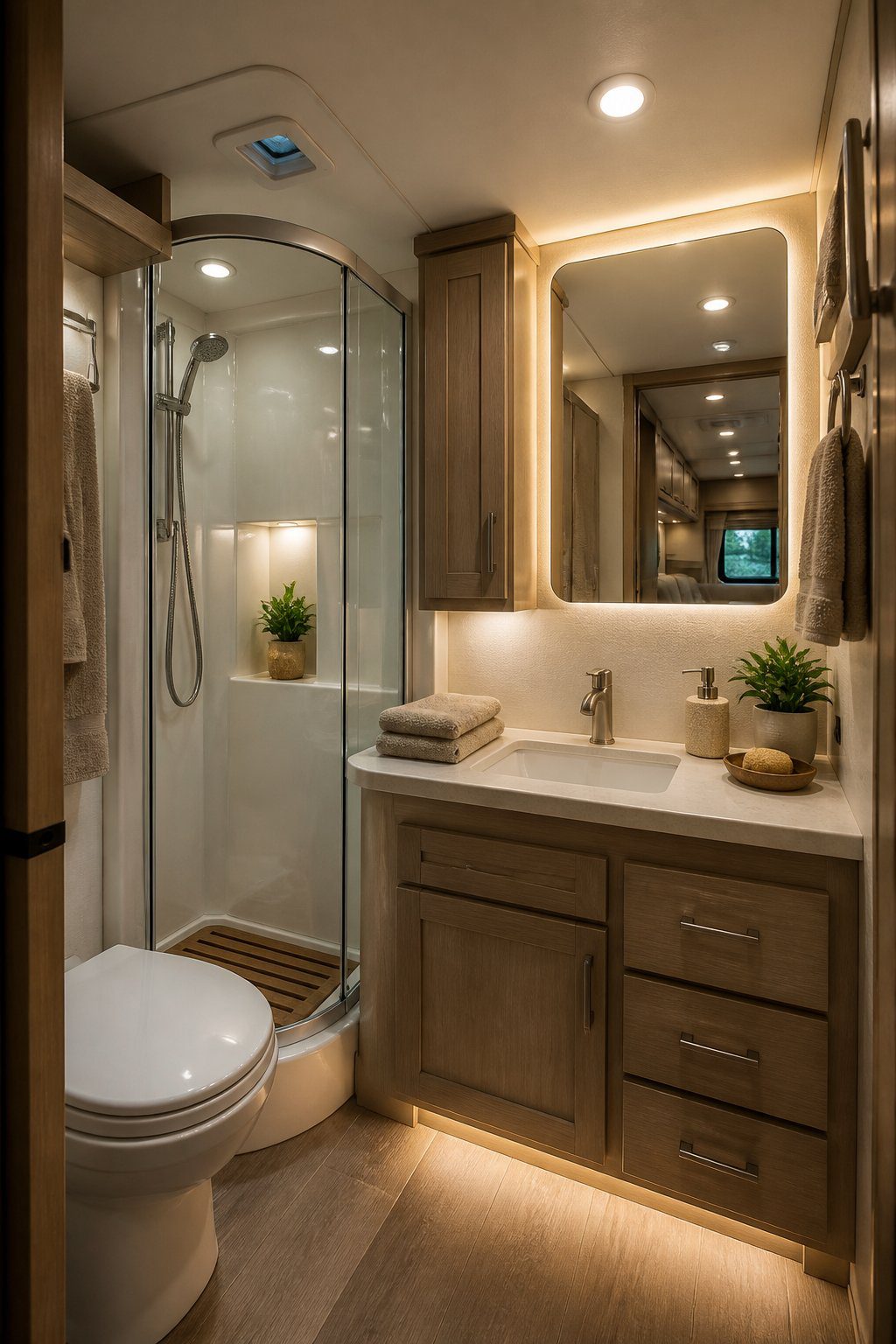 A compact RV bathroom with warm dimmable lighting, a modern vanity, and spa-inspired decor.