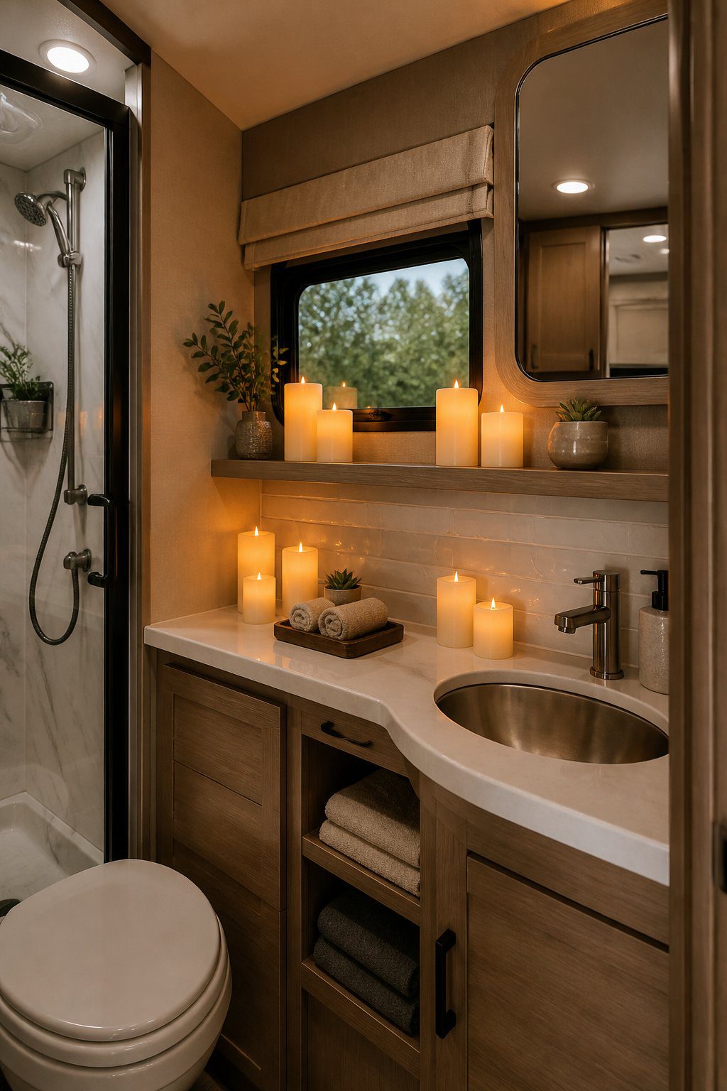A compact RV bathroom with warm battery-operated candles arranged around the sink and vanity.