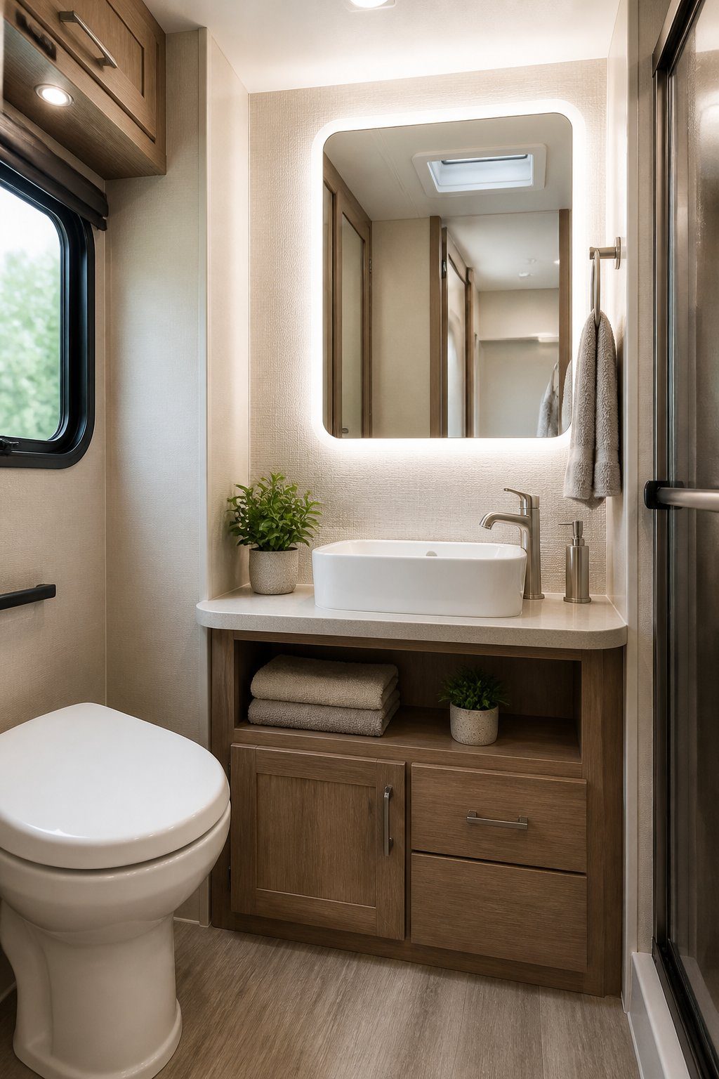 A compact RV bathroom with a glowing LED mirror above a small vanity.