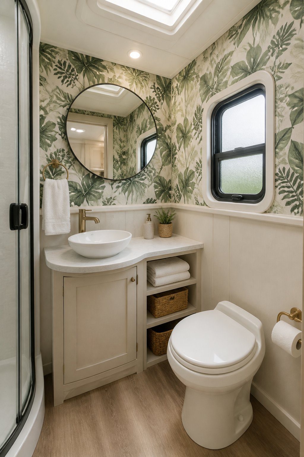 A compact RV bathroom with botanical wallpaper, a small vanity, and spa-like decor.