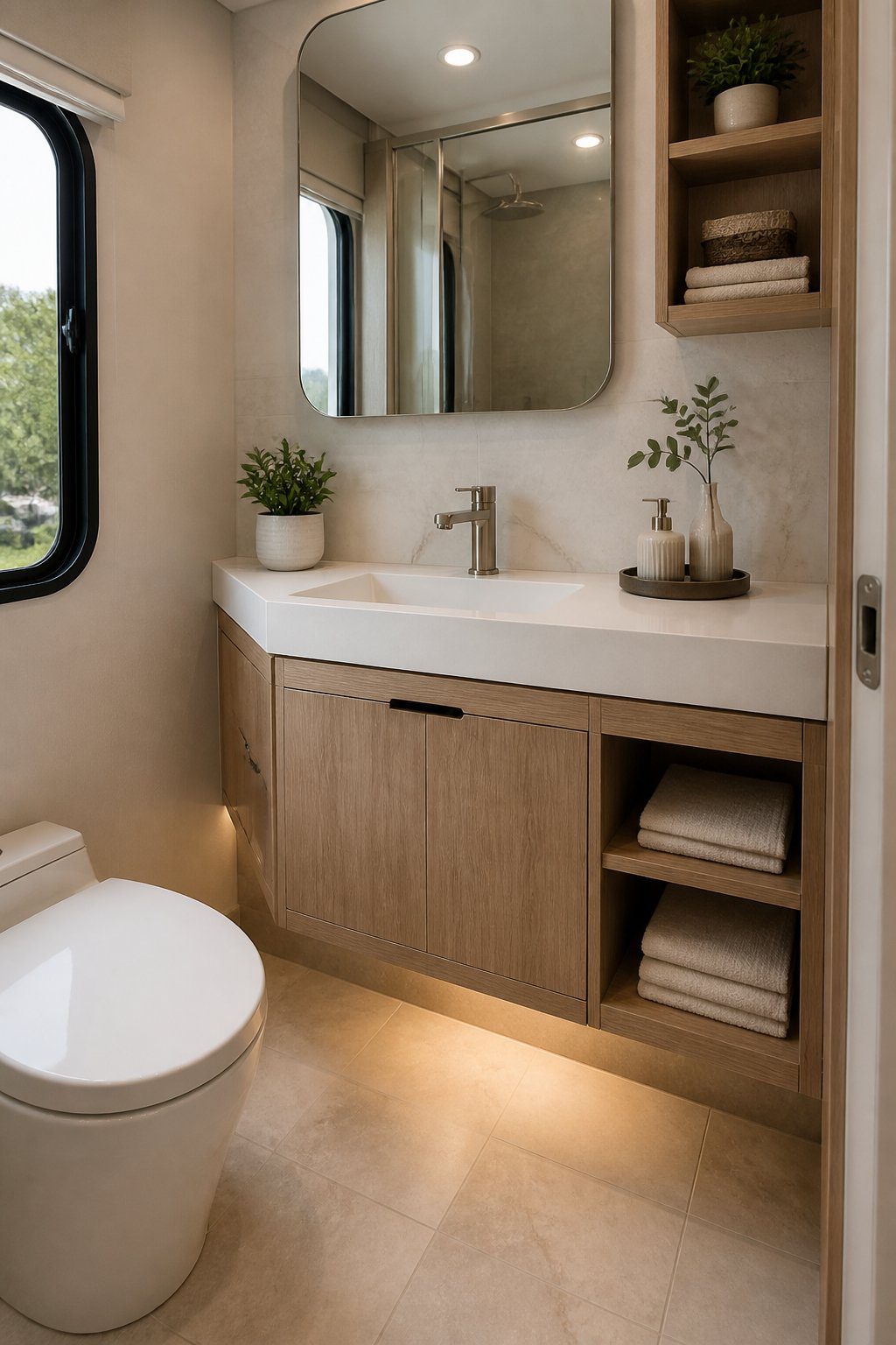 A compact RV bathroom with a wall-mounted floating vanity, mirror, towels, and small plants.