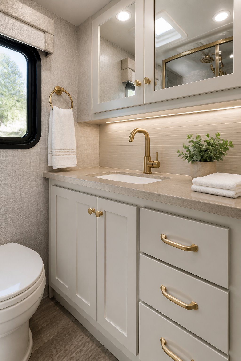Compact spa-like RV bathroom with brushed-gold cabinet hardware.