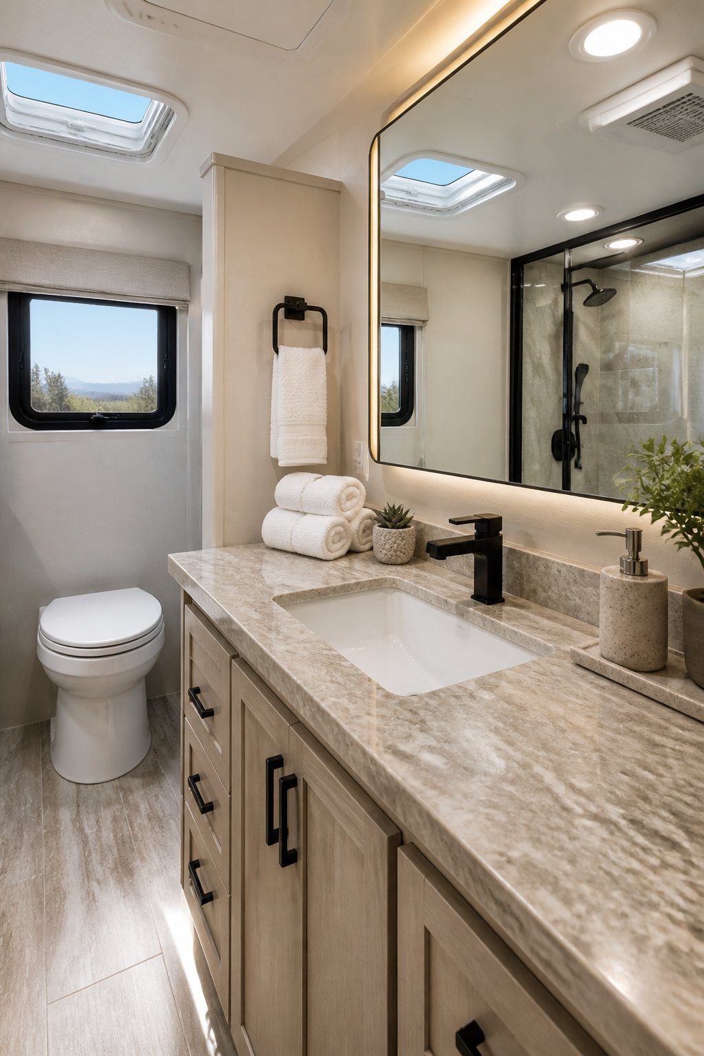 A compact RV bathroom with a stone-look countertop, white sink, modern faucet, towels, and a small plant.