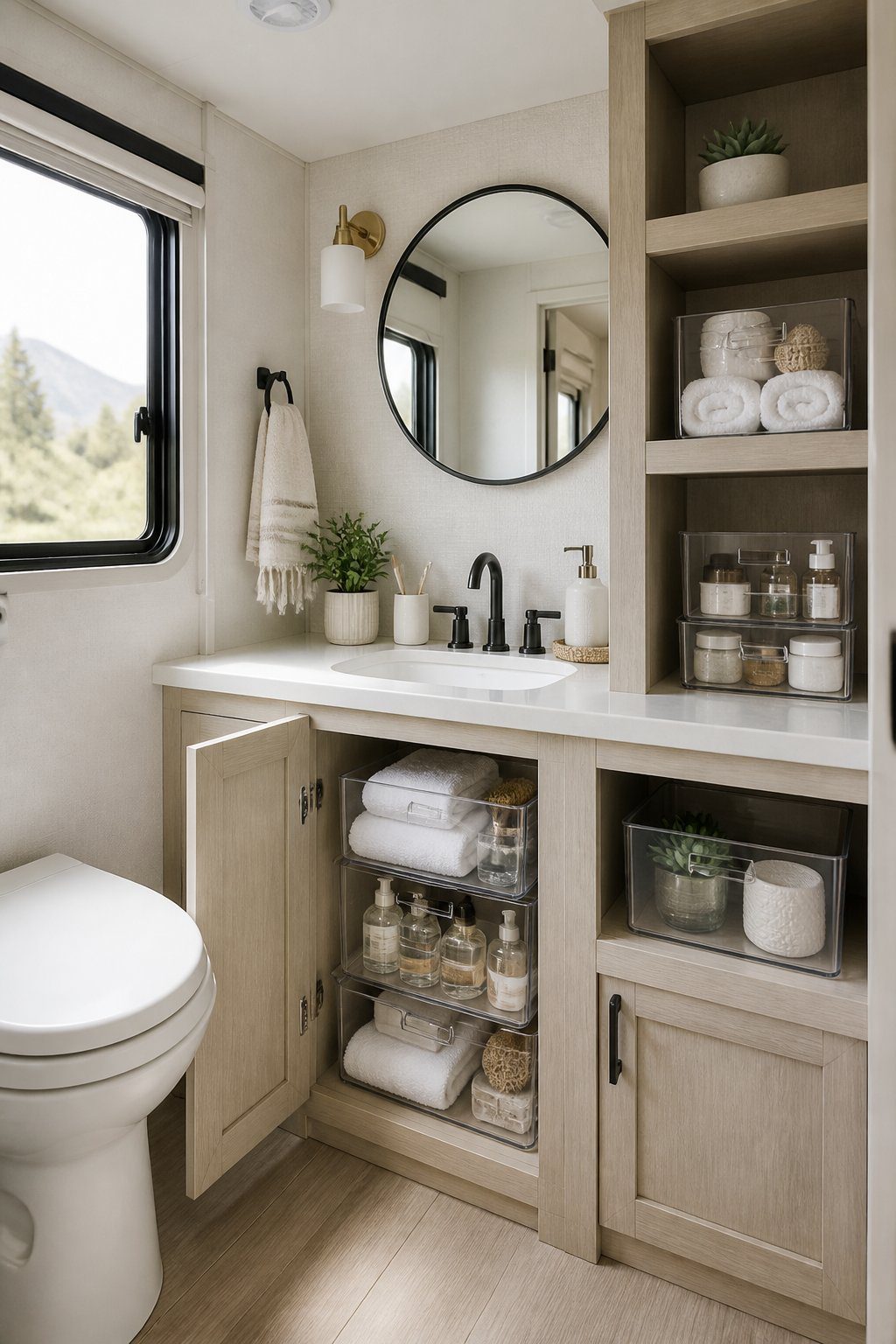 An organized RV bathroom with clear acrylic bins holding towels and toiletries.