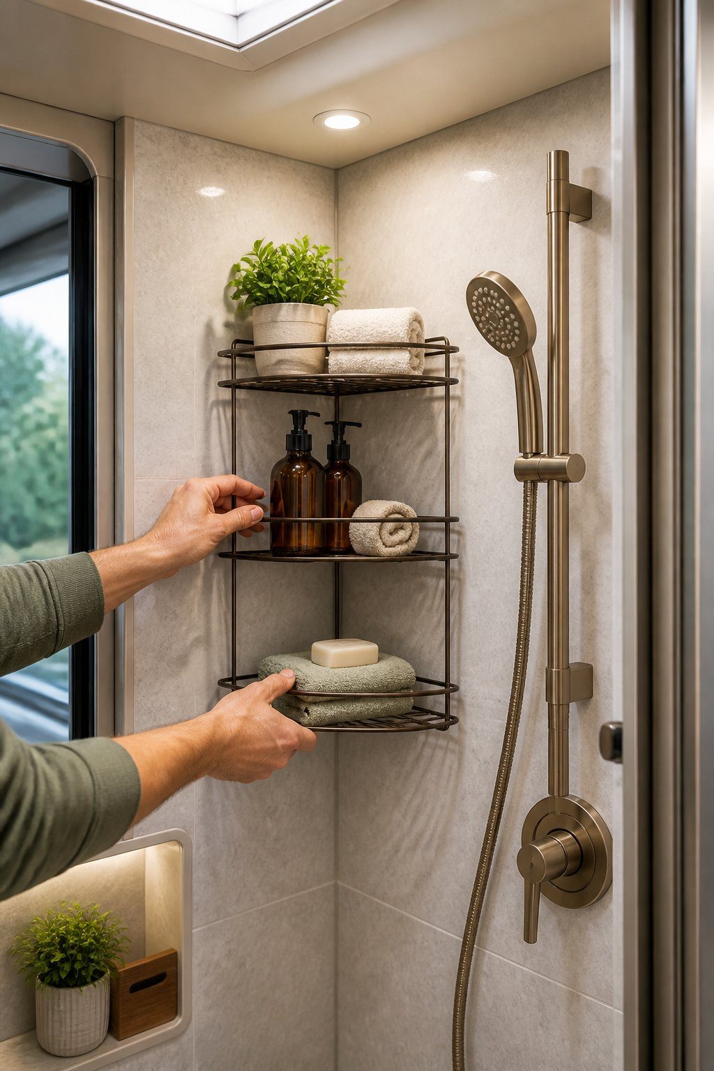 Hands installing a corner shower caddy in a compact RV bathroom.