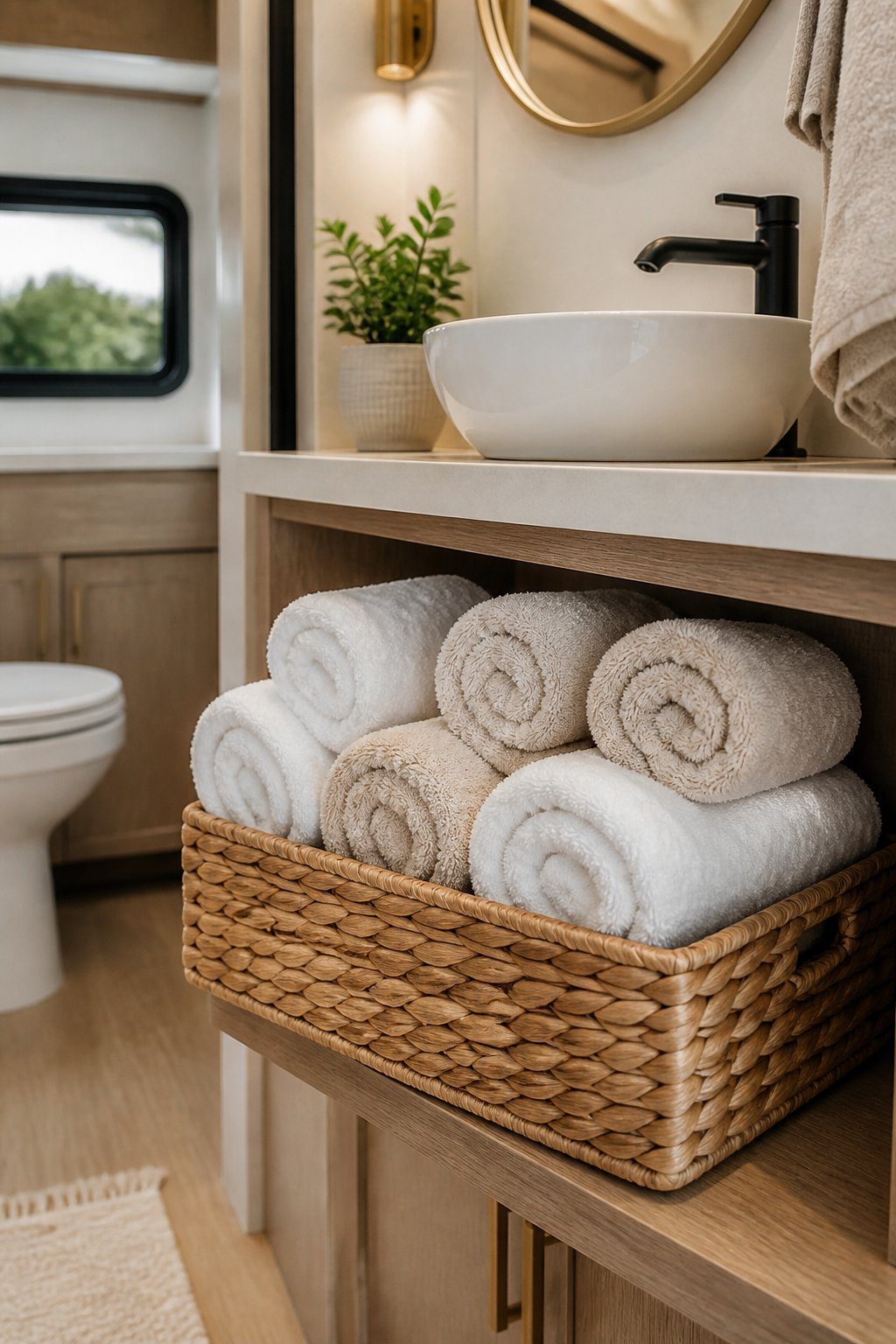 Rolled towels arranged in a woven basket inside a compact RV bathroom.