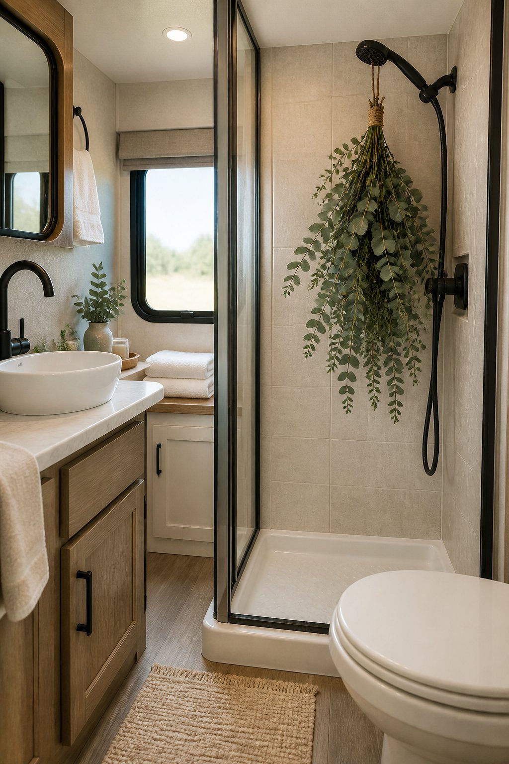 Eucalyptus bundles hang in a compact, clean RV shower.
