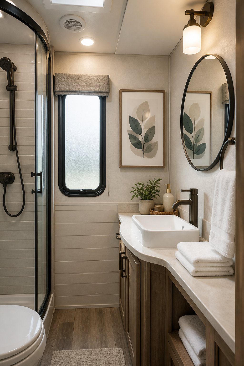 A compact RV bathroom with moisture-resistant botanical artwork above a small vanity.