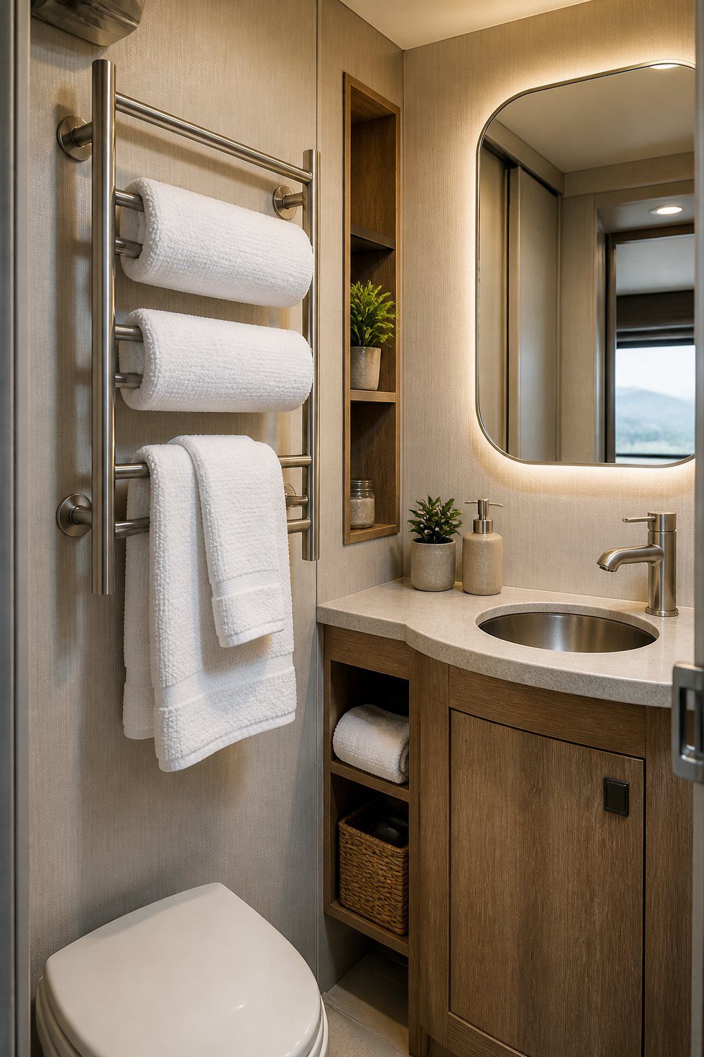 A compact RV bathroom with a wall-mounted towel-warmer rack holding folded white towels.