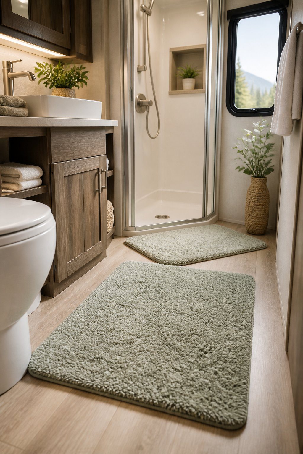 A compact RV bathroom with two microfiber bath mats beside the shower and vanity.