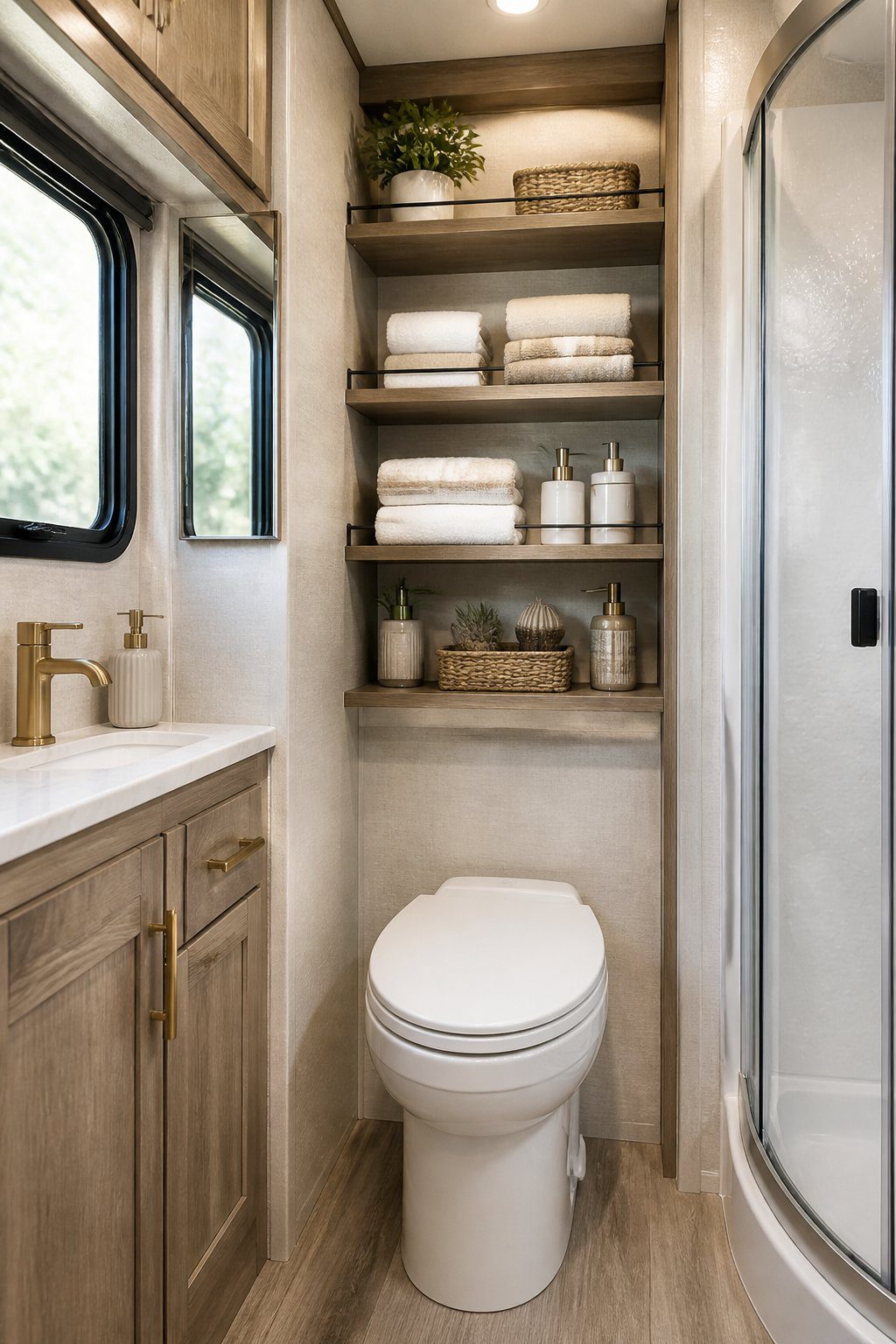 A compact RV bathroom with a slim shelf installed above the toilet.