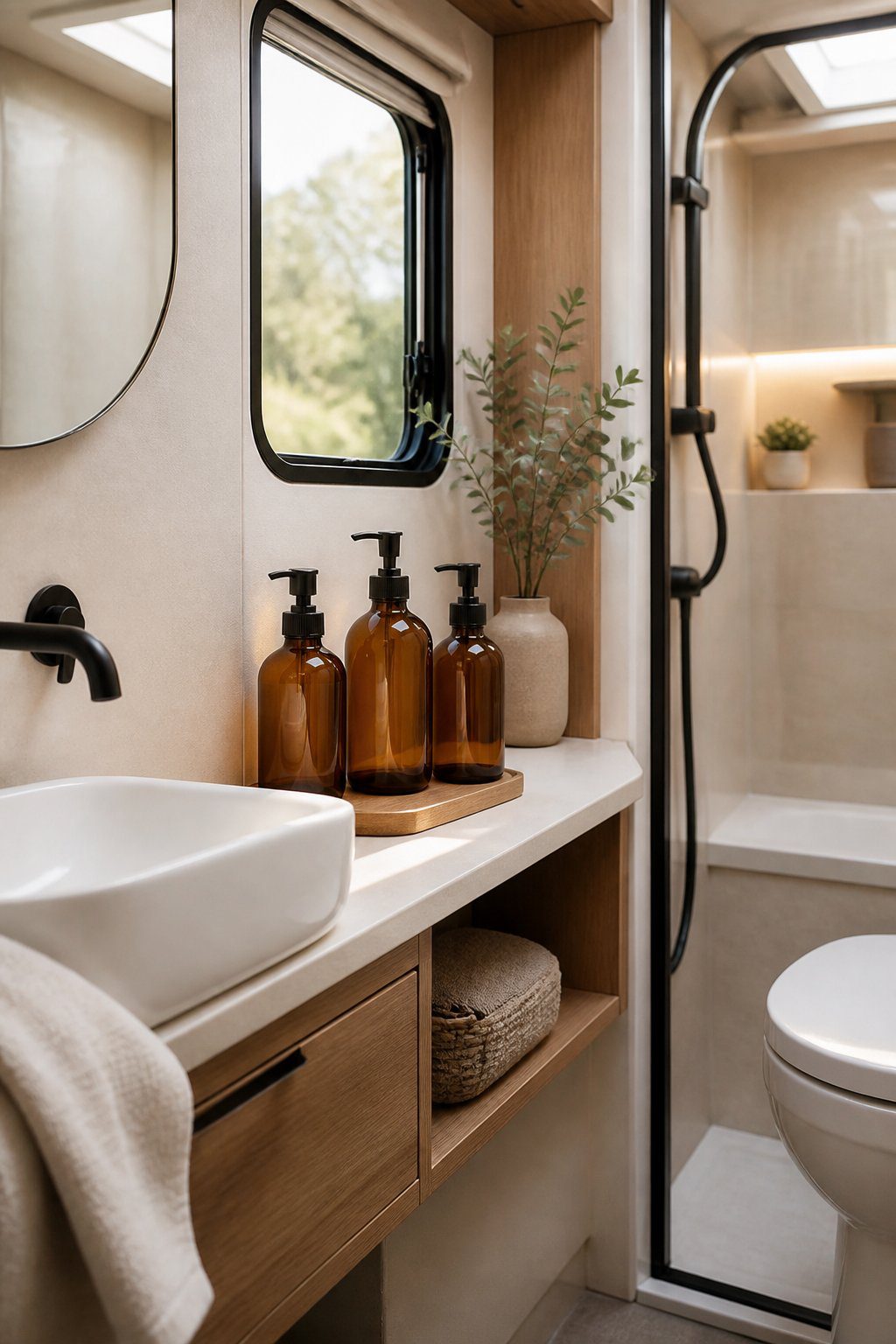 A compact RV bathroom with matching amber soap dispensers arranged beside a white sink.