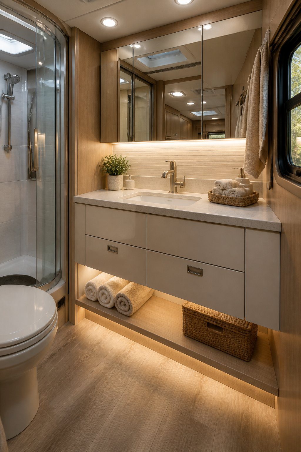 A compact RV bathroom with a floating vanity illuminated by warm under-cabinet lighting.