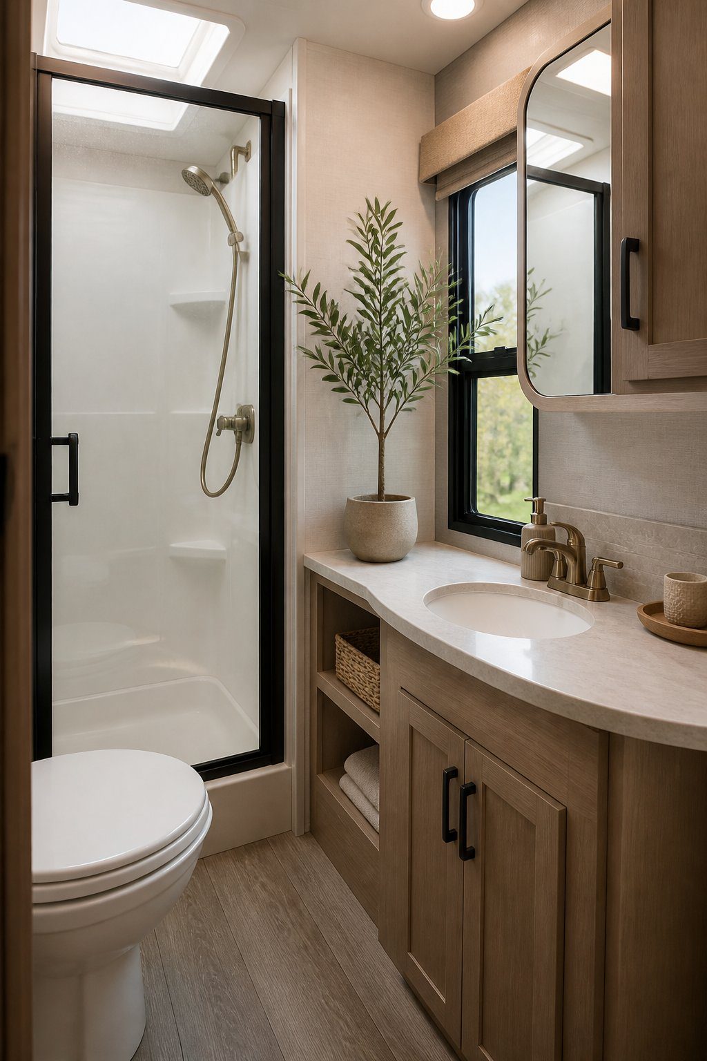 A small faux olive tree in a planter decorates the countertop of a modern RV bathroom.