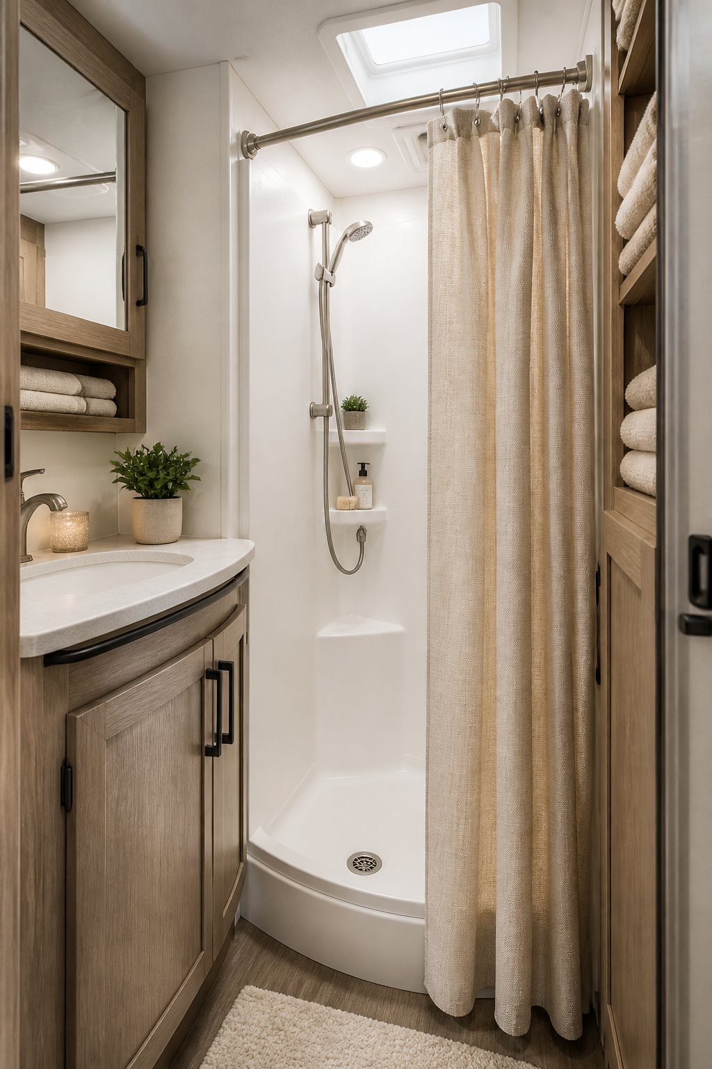 A compact RV bathroom with a curved shower curtain rod and a neatly hanging shower curtain.