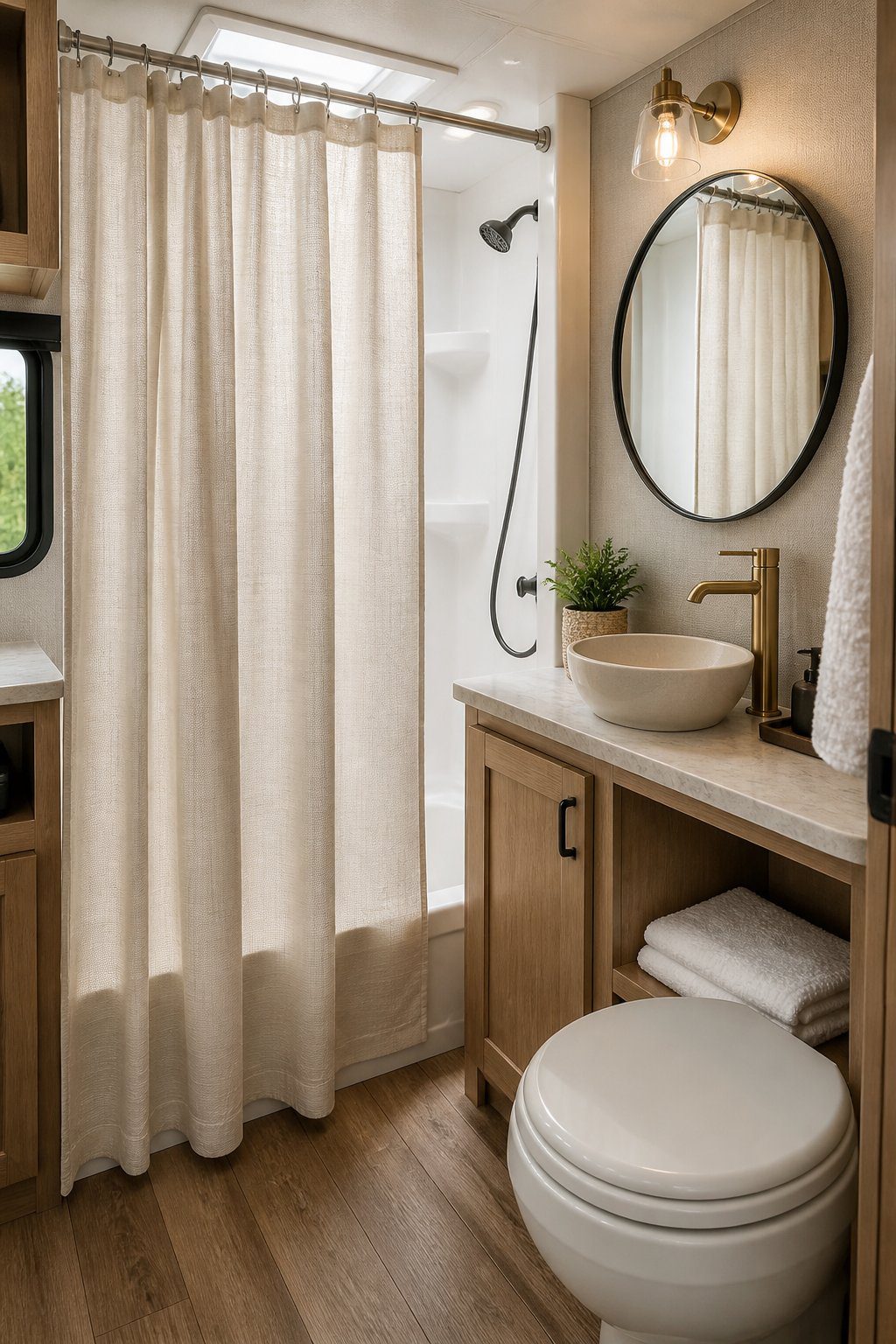 A compact RV bathroom with a neutral linen-look shower curtain and spa-inspired decor.