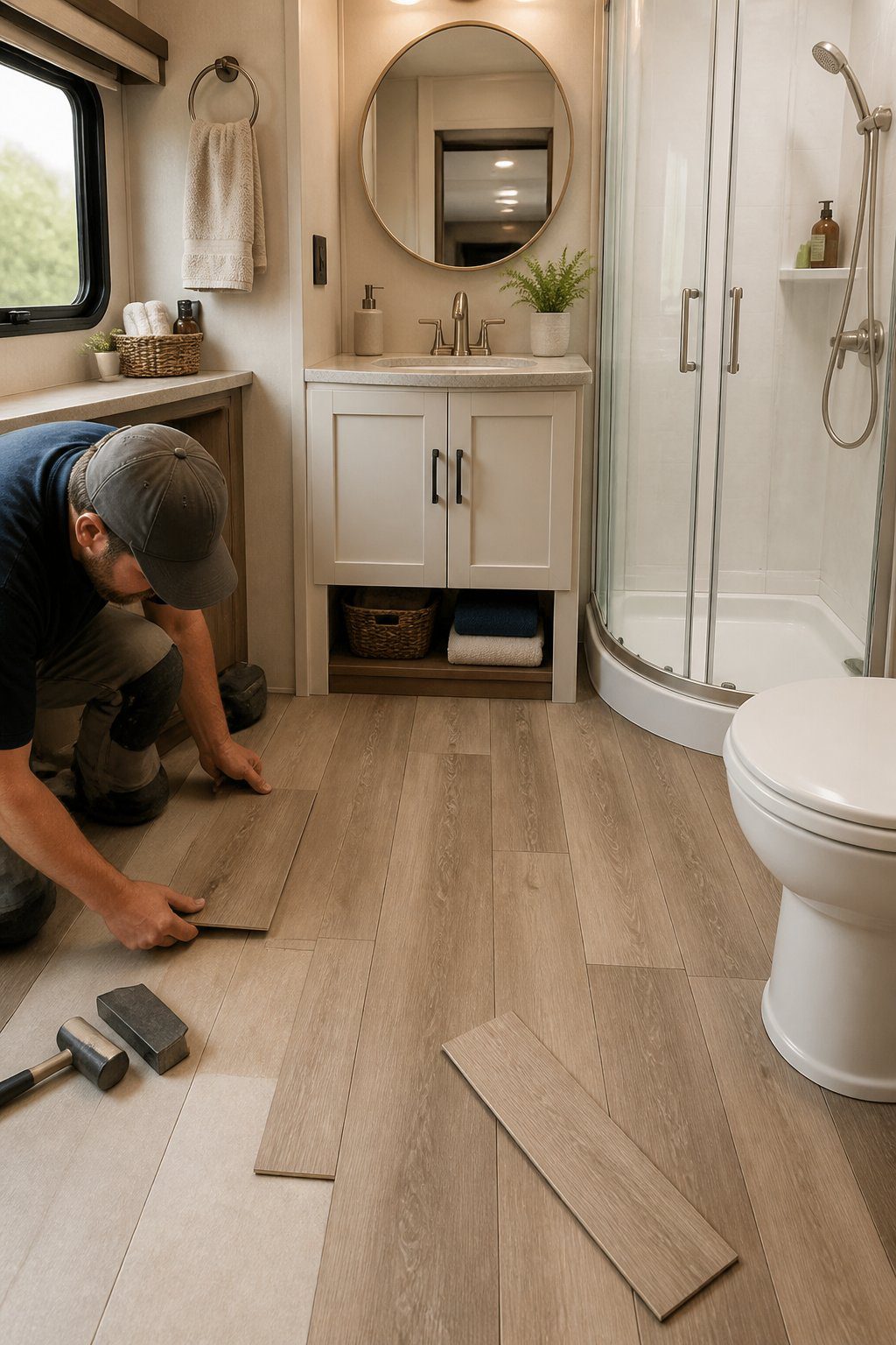 A compact RV bathroom with waterproof vinyl plank flooring being installed.