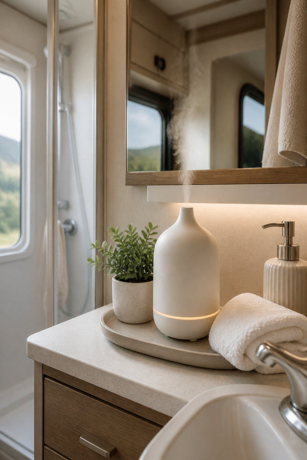 A compact essential-oil diffuser sits on a countertop in a small RV bathroom.